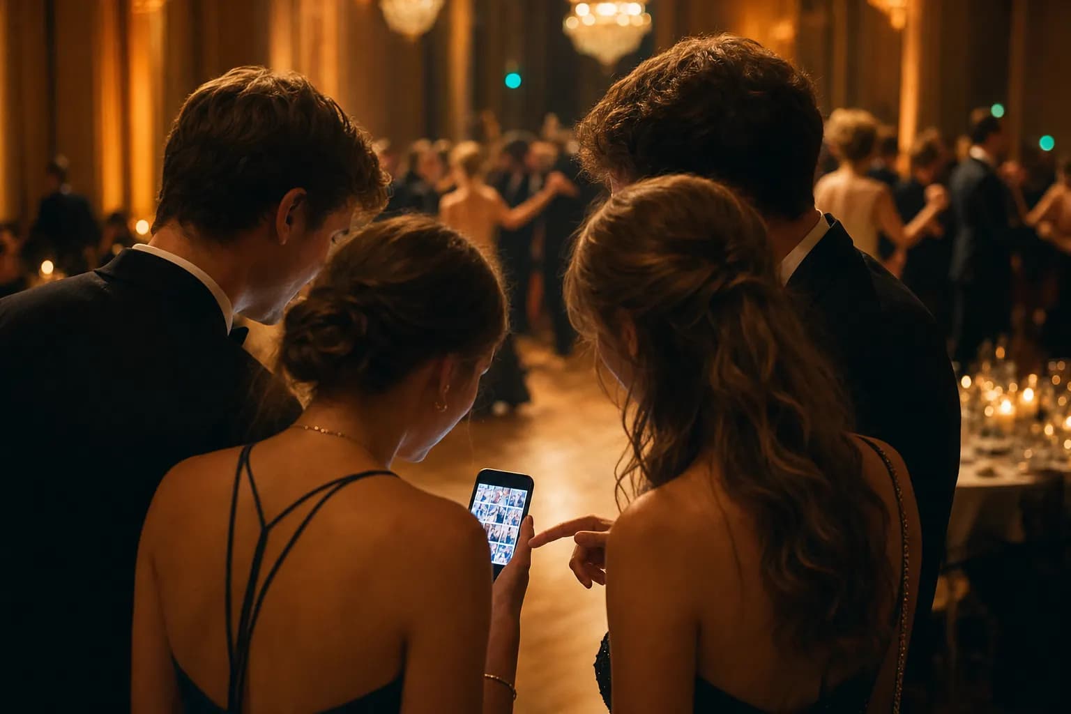 Abiball-Gäste in Abendgarderobe stehen lachend am Rand der Tanzfläche um ein Smartphone mit der leuchtenden Live-Galerie, im Hintergrund tanzen Paare im warmen Ballsaal-Licht. (KI-generiertes Bild)