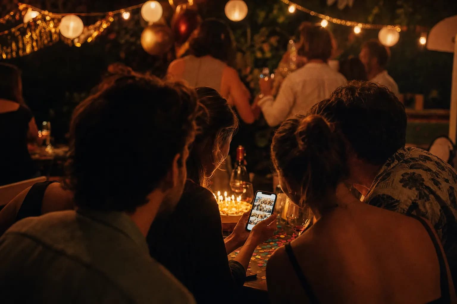 Freunde auf einer Geburtstagsfeier lachen gemeinsam über Fotos in der Live-Galerie auf einem Smartphone, daneben leuchtet die Geburtstagstorte im Kerzenlicht. (KI-generiertes Bild)