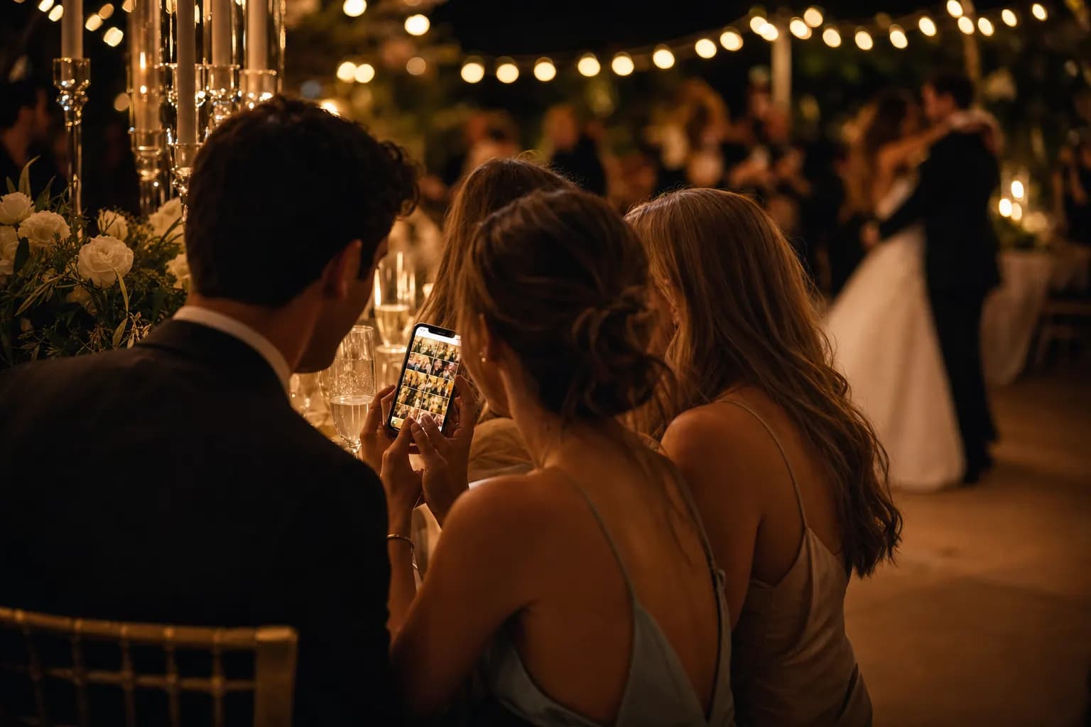 Hochzeitsgäste an einer festlich gedeckten Tafel schauen lachend gemeinsam auf ein Smartphone mit der leuchtenden Live-Galerie, im Hintergrund tanzt das Brautpaar im warmen Licht. (KI-generiertes Bild)