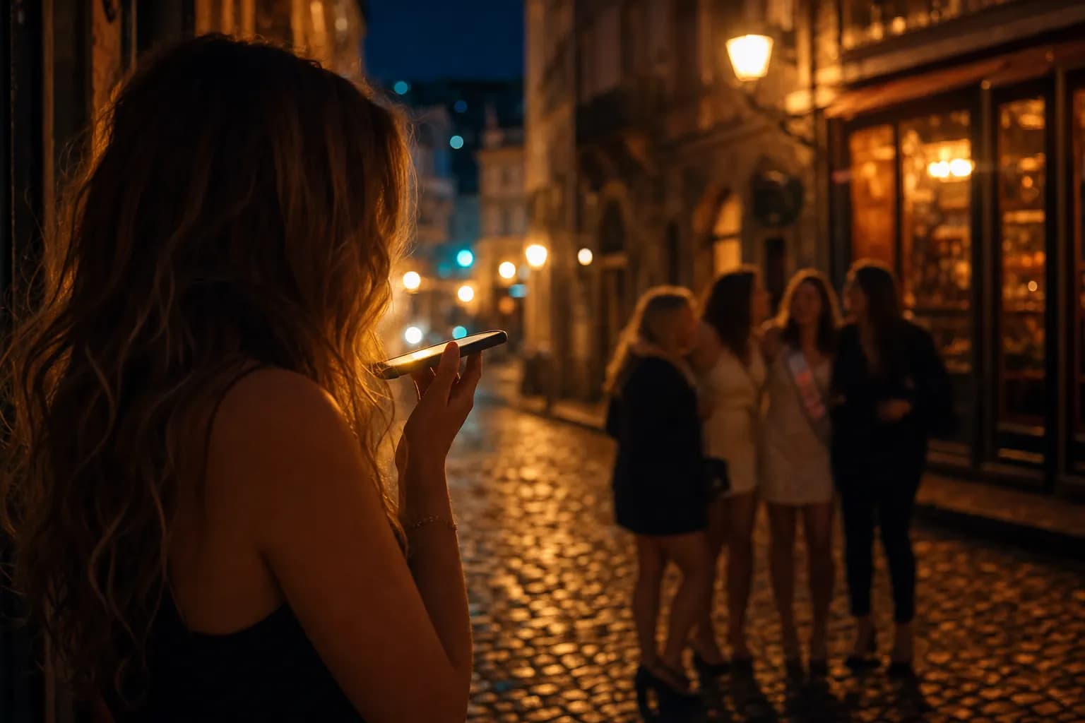Eine Freundin spricht beim JGA nachts unter warmen Straßenlaternen eine Audio-Botschaft ins Smartphone, im Hintergrund lacht die Gruppe vor der Bar. (KI-generiertes Bild)