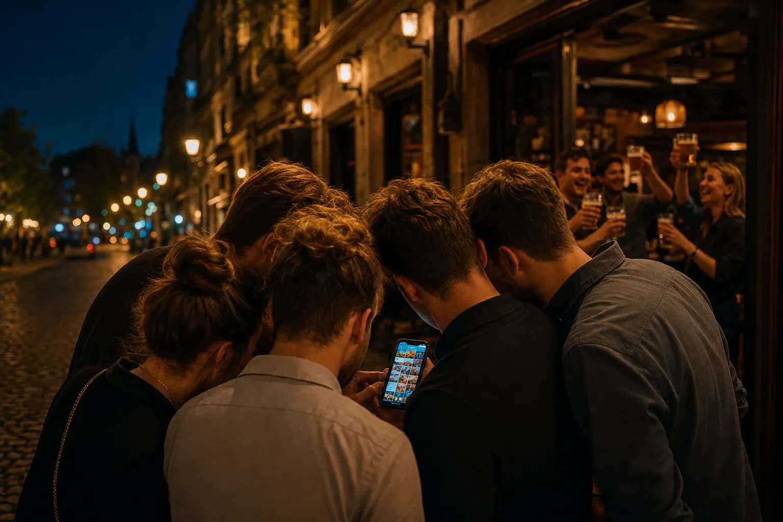 Eine JGA-Gruppe steht abends vor einer warm beleuchteten Bar zusammen und lacht über die Fotos des Tages in der Live-Galerie auf einem Smartphone. (KI-generiertes Bild)