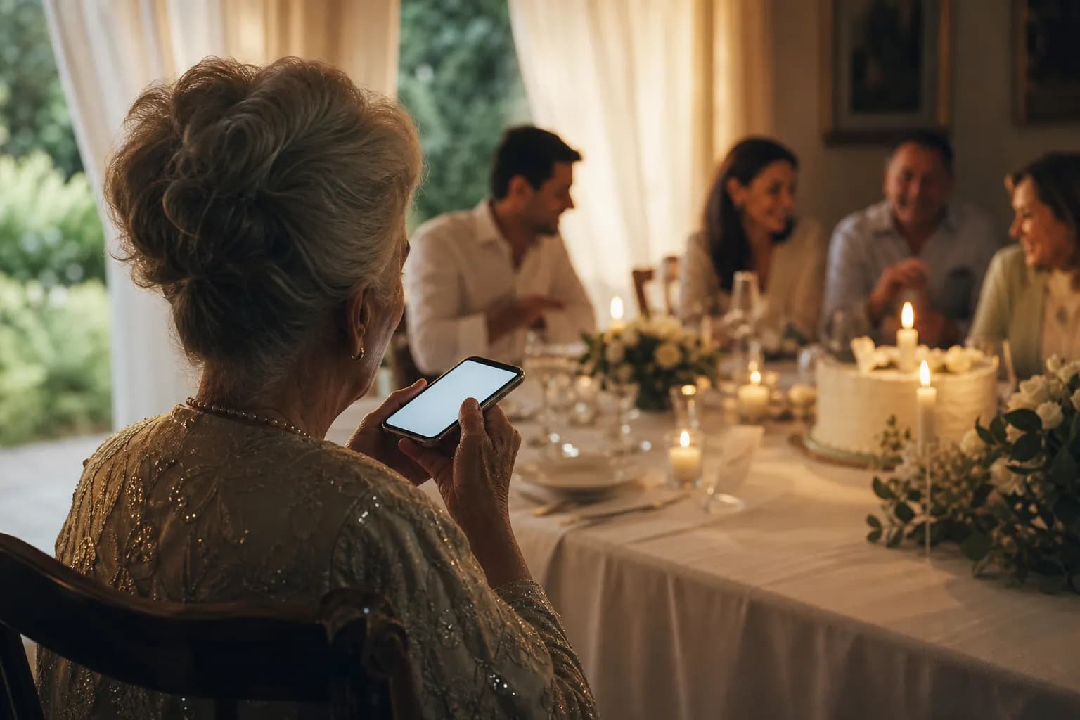 Eine Großmutter spricht bei der Tauffeier von hinten gesehen einen liebevollen Audio-Gruß ins Smartphone, im Hintergrund feiert die Familie im warmen Nachmittagslicht. (KI-generiertes Bild)