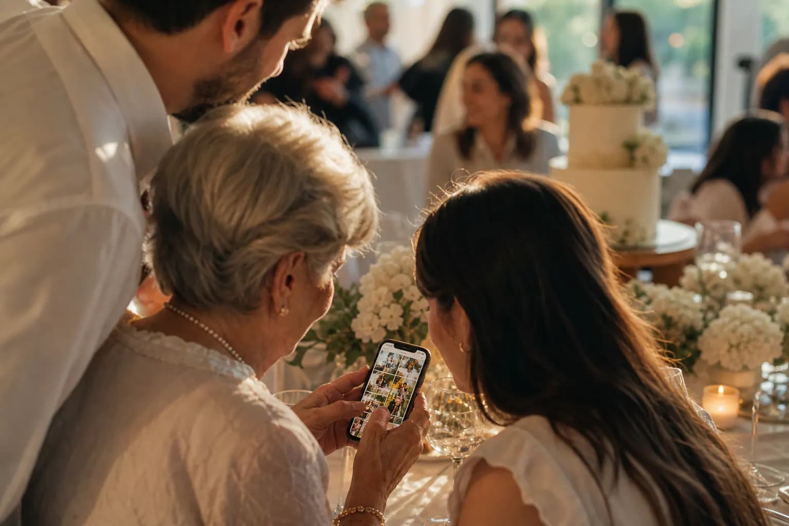 Familie bei einer Tauffeier schaut an einer festlich gedeckten Tafel gemeinsam auf ein Smartphone mit der Live-Galerie, warmes Nachmittagslicht fällt durch die Fenster. (KI-generiertes Bild)