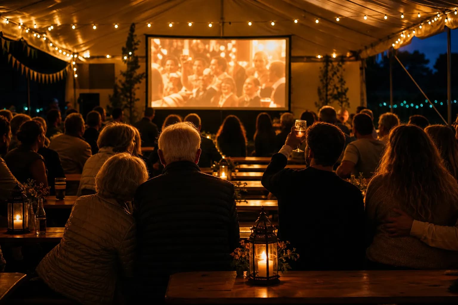 Vereinsmitglieder aller Generationen schauen im warm beleuchteten Festzelt gemeinsam auf die Leinwand mit der Live-Diashow der Fest-Fotos. (KI-generiertes Bild)