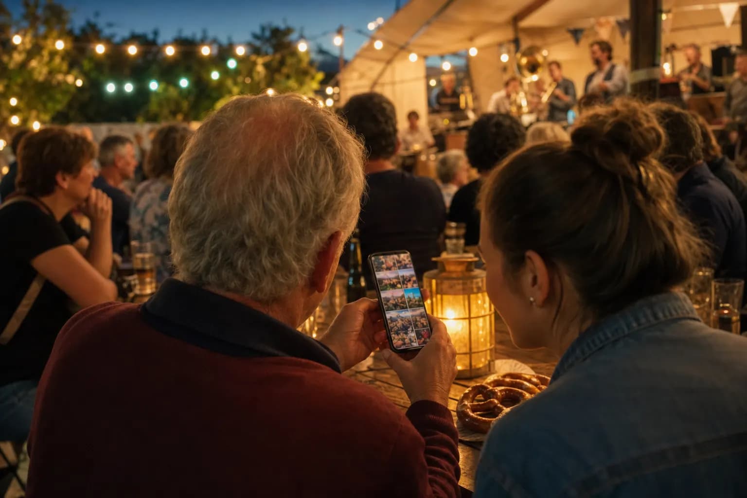 Vereinsmitglieder verschiedener Generationen sitzen beim Sommerfest an einer langen Festzelt-Tafel und schauen gemeinsam auf ein Smartphone mit der leuchtenden Live-Galerie. (KI-generiertes Bild)