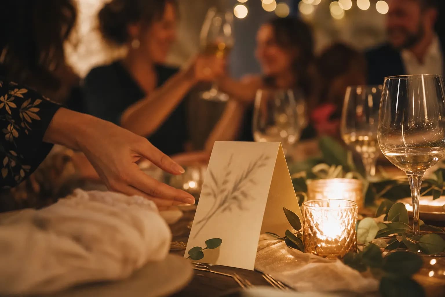 Eine elegante Tischkarte steht im warmen Kerzenlicht auf dem Festtisch, dahinter greift ein Gast danach, während die Feier weiterläuft. (KI-generiertes Bild)
