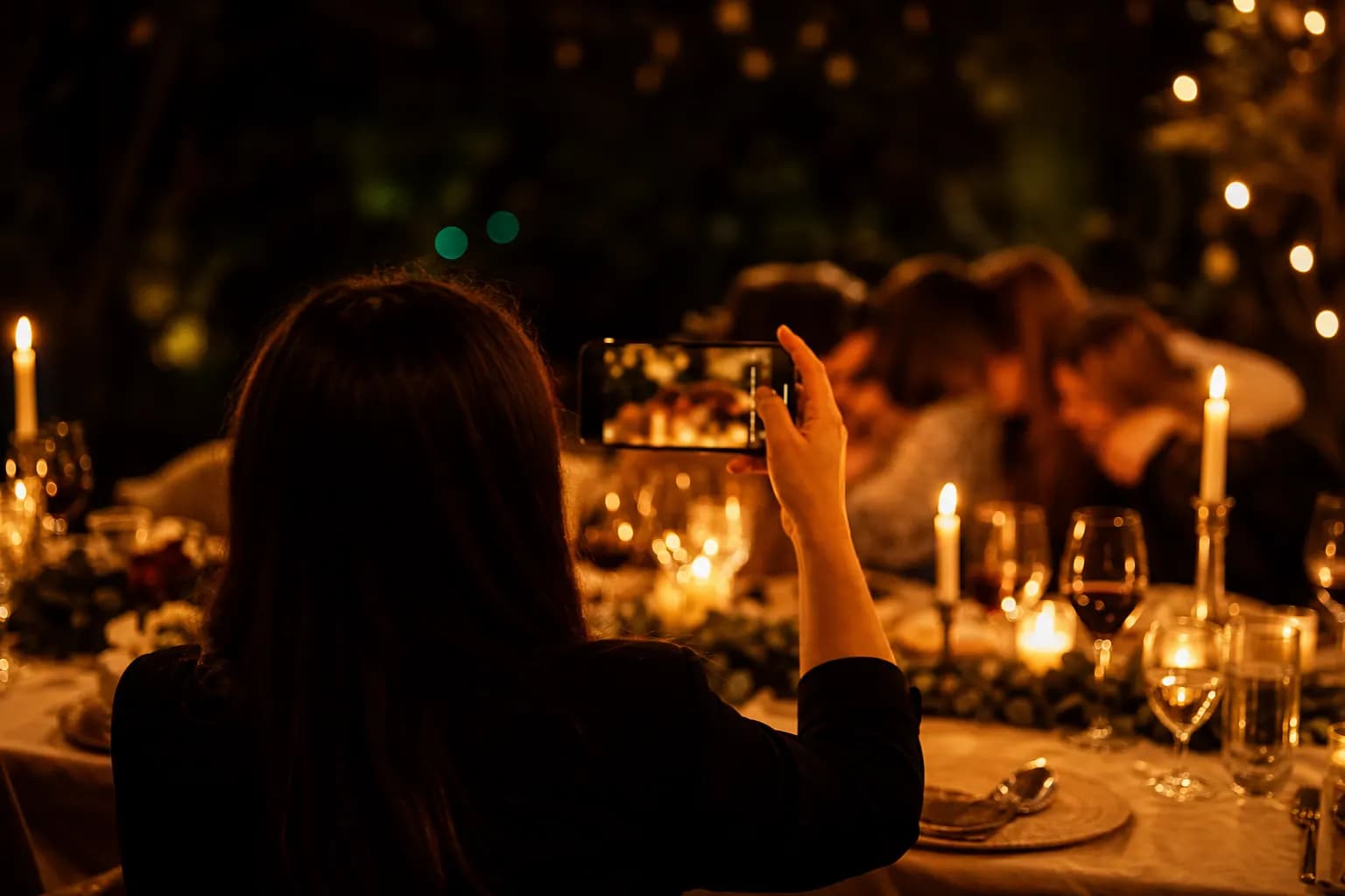 Ein Gast fotografiert von hinten gesehen respektvoll seine Freunde am warm beleuchteten Festtisch — alle Gesichter bleiben geschützt unscharf. (KI-generiertes Bild)