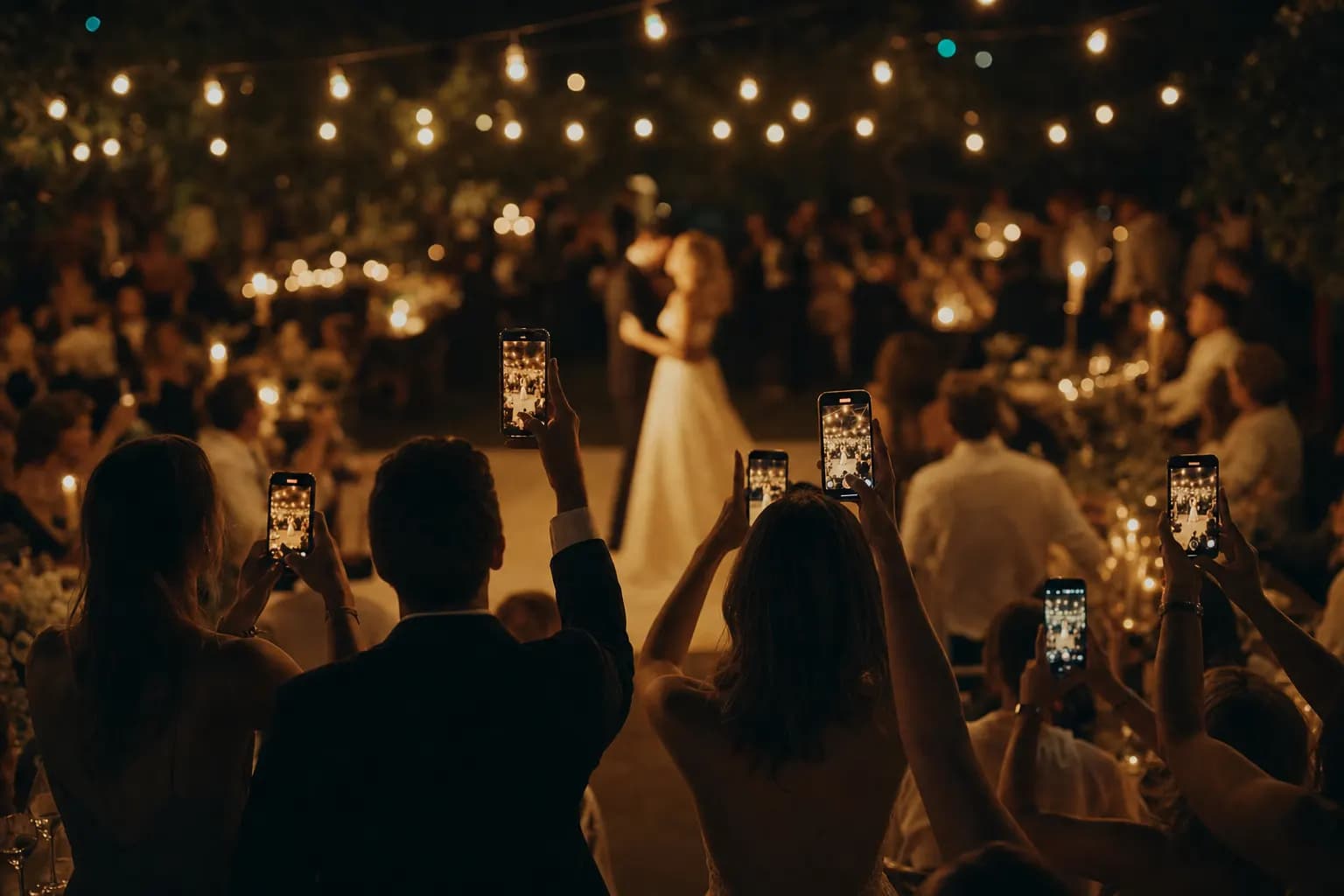 Mehrere Hochzeitsgäste fotografieren das tanzende Brautpaar gleichzeitig aus verschiedenen Blickwinkeln mit ihren Smartphones, warm beleuchtete Tanzfläche mit Kerzen und Lichterketten. (KI-generiertes Bild)