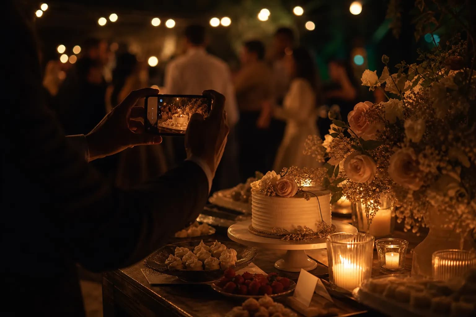 Ein Hochzeitsgast fotografiert mit dem Smartphone die kerzenbeleuchtete Dessert-Tafel, im Hintergrund tanzen Gäste im warmen Licht. (KI-generiertes Bild)