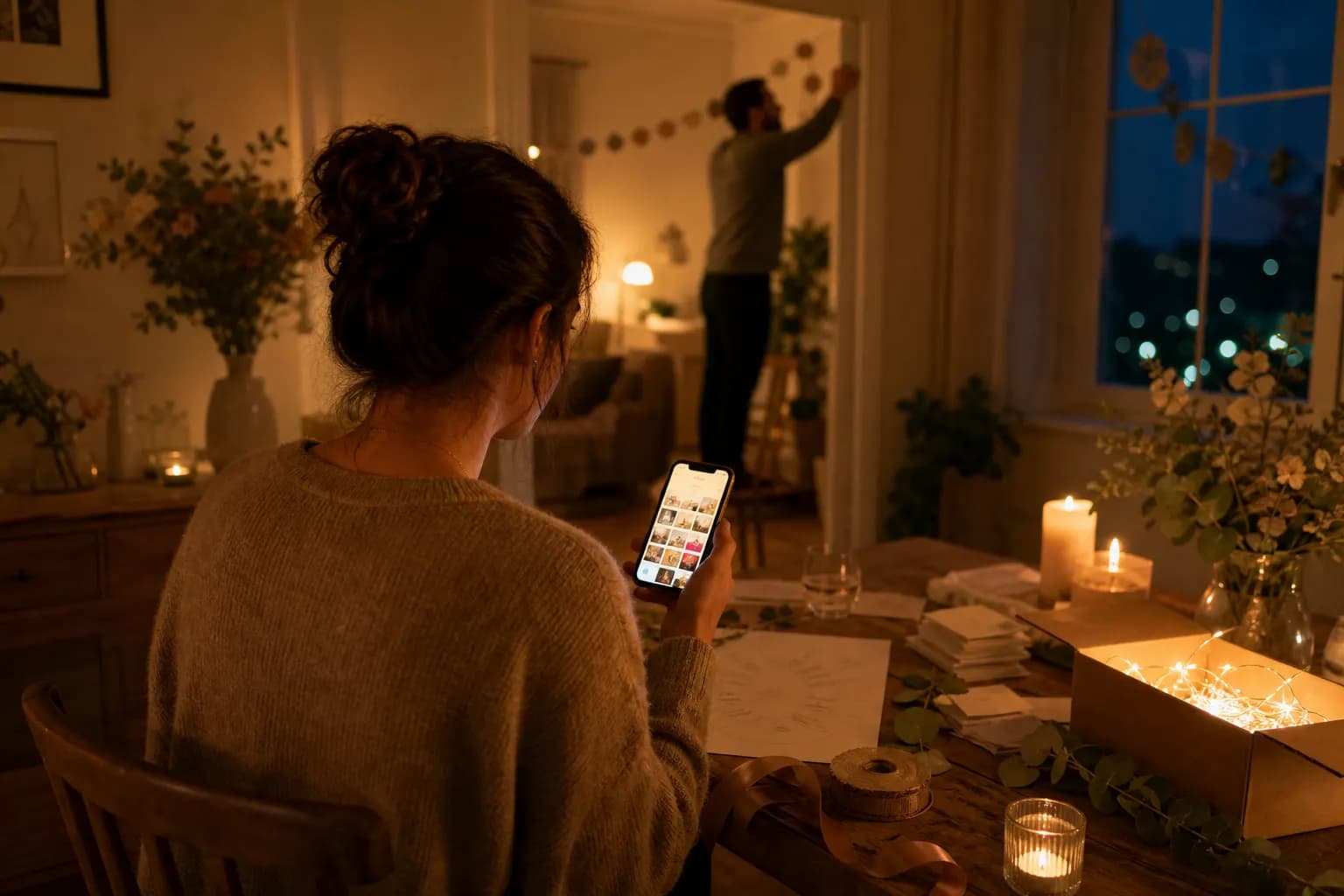 Eine Gastgeberin sitzt am Vorabend ihrer Feier am warm beleuchteten Tisch voller Deko-Vorbereitungen und vergleicht auf dem Smartphone Fotogalerie-Lösungen. (KI-generiertes Bild)