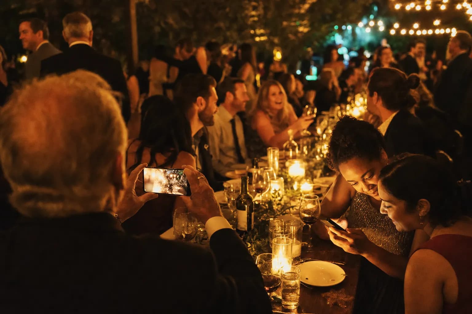 An einer langen, warm beleuchteten Festtafel teilen und betrachten Gäste verschiedener Generationen ganz selbstverständlich Fotos auf ihren Smartphones. (KI-generiertes Bild)