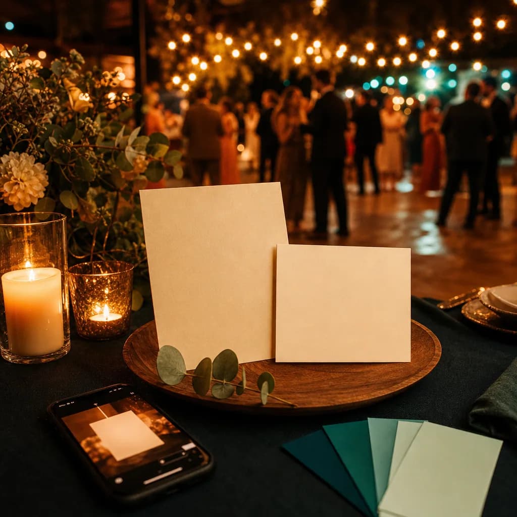 Zwei elegante blanko Einladungskarten und ein Smartphone mit weichem Vorschau-Leuchten auf einem festlich gedeckten Tisch, im Hintergrund feiern Gäste im warmen Partylicht.