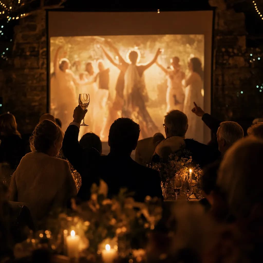 Gäste einer Abendfeier schauen als warme Silhouetten auf eine Leinwand, auf der ein goldenes Feier-Foto der Live-Diashow leuchtet.
