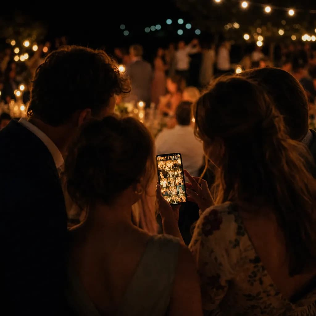 Mehrere Gäste schauen auf einer Feier gemeinsam auf ein Smartphone, auf dem eine bunte Live-Fotogalerie leuchtet, im Hintergrund feiern weitere Gäste im warmen Lichterketten-Licht.