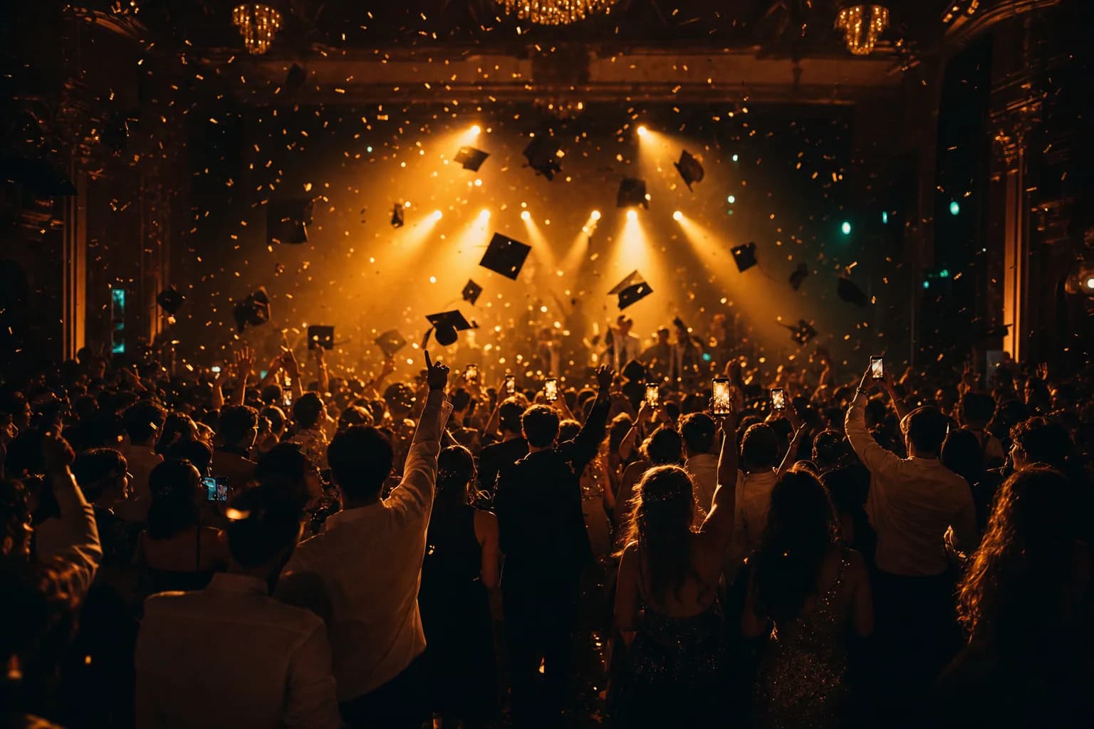 Abiball bei Nacht: fliegende Abschlusshüte und Konfetti über einer Tanzfläche voller feiernder Silhouetten, erhobene Smartphones im warmen goldenen Bühnenlicht.
